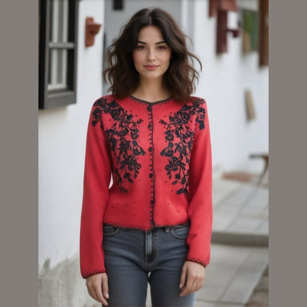 Heirloom Collectibles Womens Red Cardigan Size 26/28 Embroidery‎ Beaded Floral